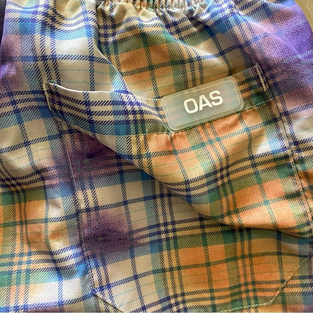 OAS TARTAN TIE DYED 4’ inch swim trunks pockets elastic drawstring waist M